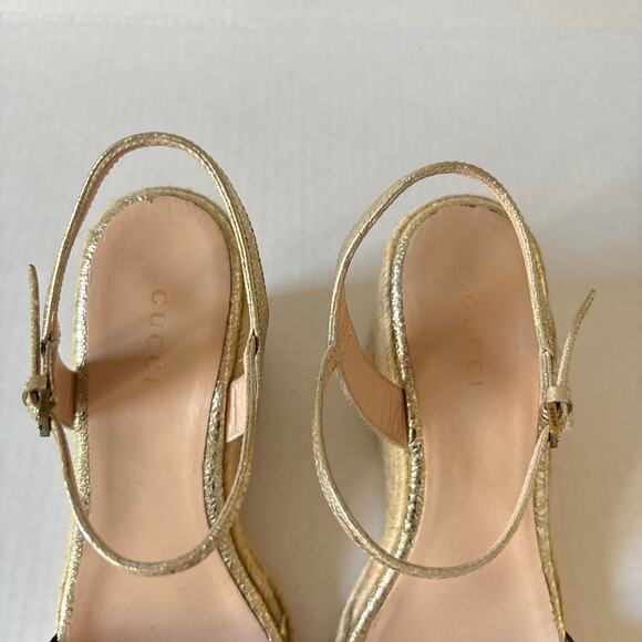 Gucci Aitana GG Marmont Espadrille Platform Wedge Heel Sandals Gold Size EU 37.5 - Picture 11 of 13